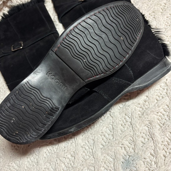 HOGAN $925 Italy Boots Suede Leather Black Solid Real Fur Trim Strappy US Sz 9.5 - Picture 8 of 11